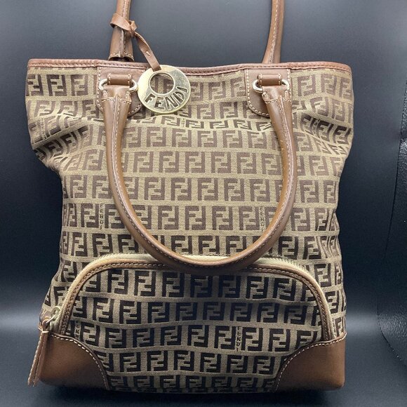 Rare Fendi Brown Jacquard Zucchino Tote Bag with original hardware/charm